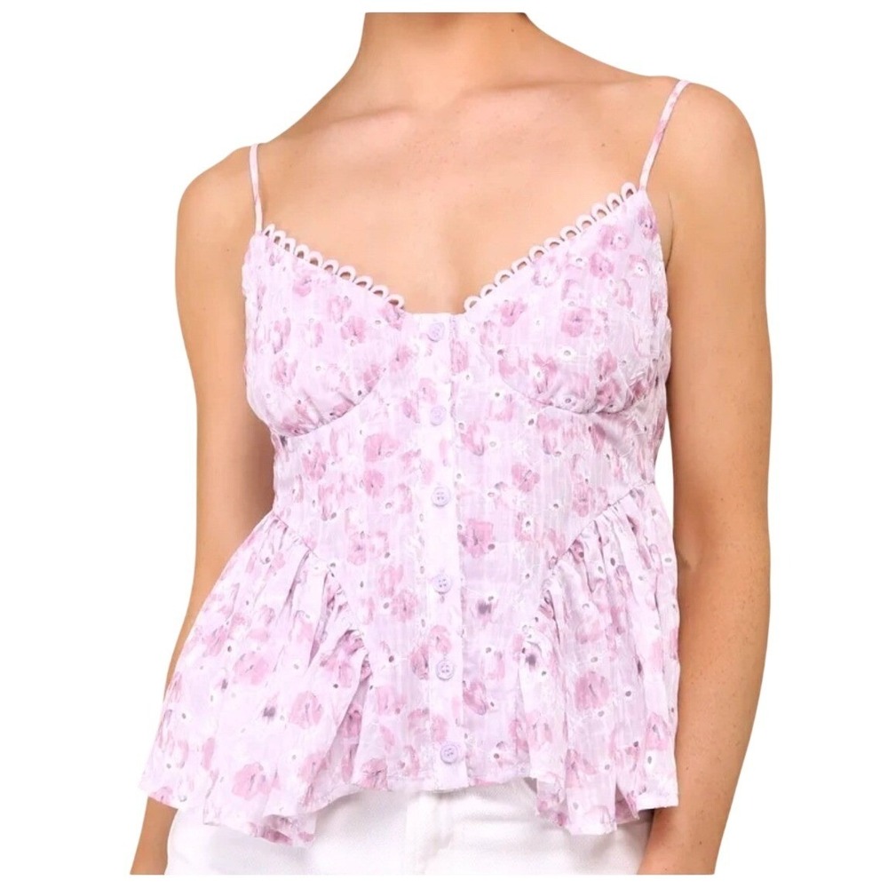 Lulus Enchanting Sweetie Lilac Floral Eyelet Button Up Cami Top Size Medium - Picture 1 of 7